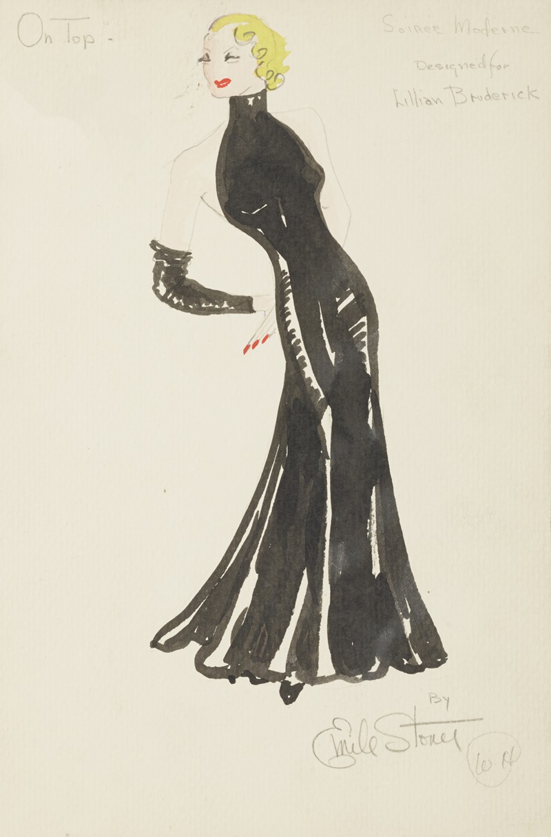 Emile Stoner - On Top: Designed for Lillian Broderick. Black evening gown with high neck and no shoulders