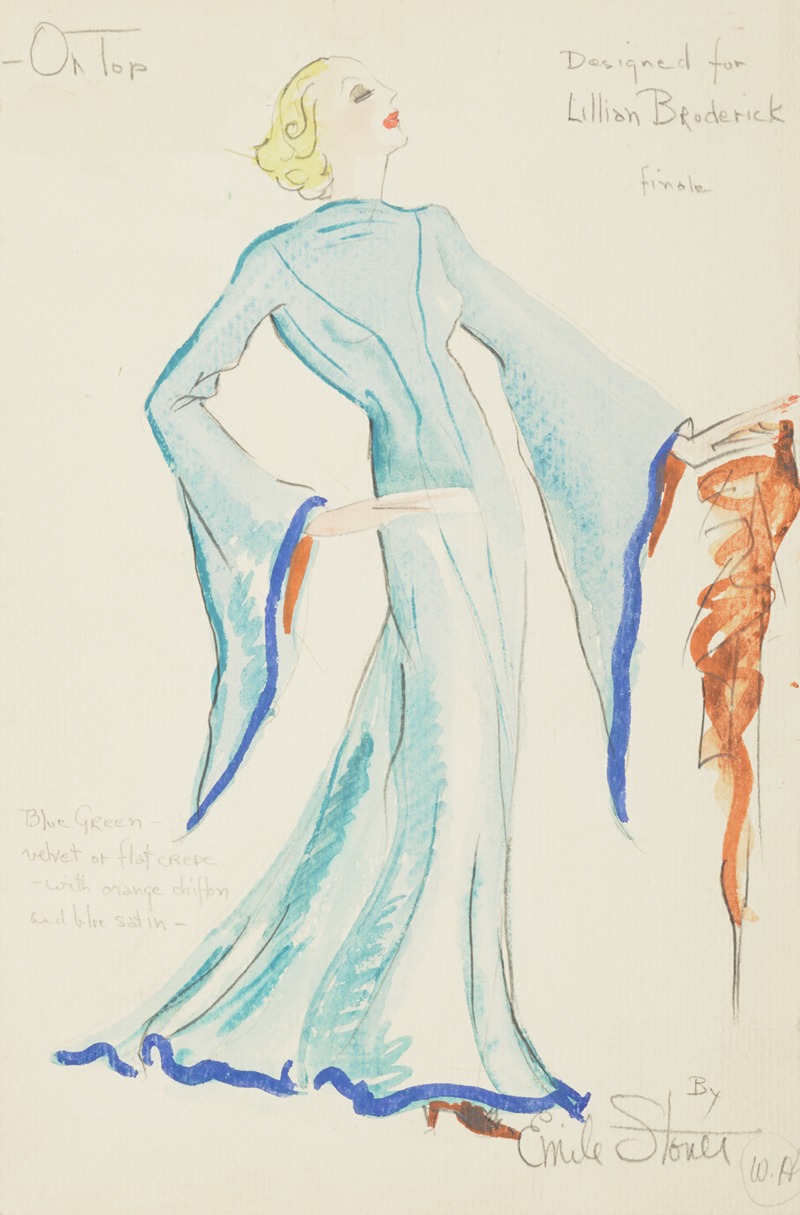 Emile Stoner - On Top: Designed for Lillian Broderick. Blue gown with trailing sleeves and orange scarf