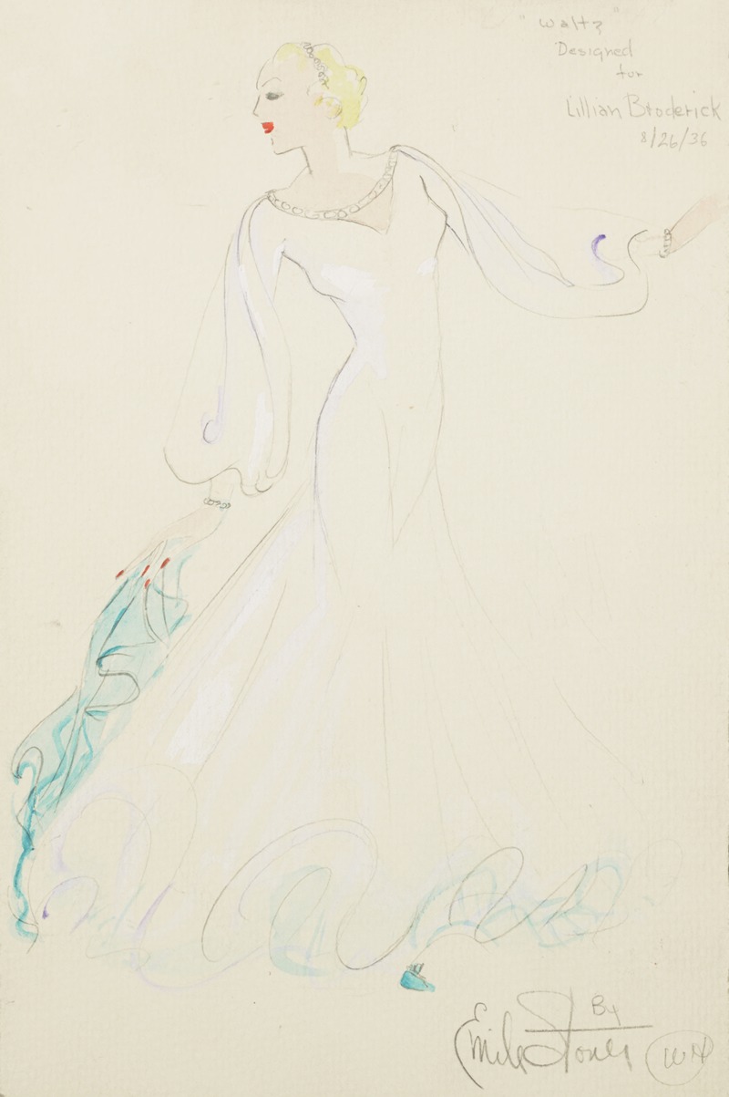 Emile Stoner - On Top: Designed for Lillian Broderick. White gown with bishop sleeves, and blue scarf