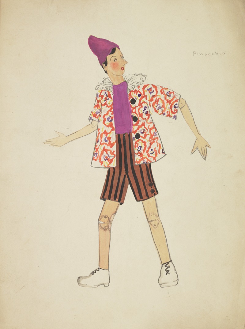 Emile Stoner - Pinocchio: Pinocchio. Purple shirt, white coat with red pattern and neck ruff