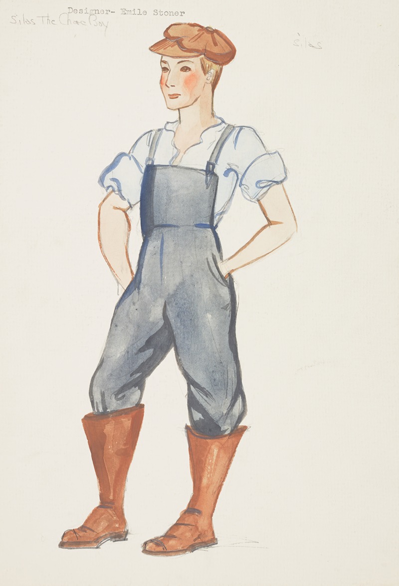 Emile Stoner - Silas the Chore Boy: Silas. Blue overalls, blue shirt, brown boots, and brown cap: