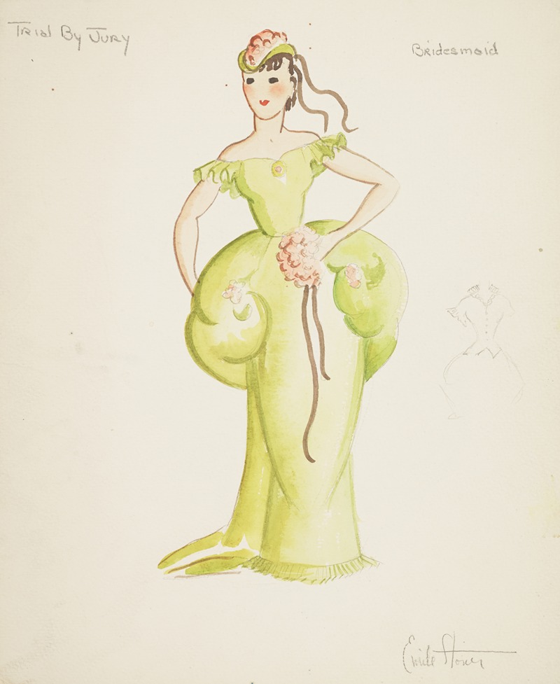 Emile Stoner - Trial by Jury: Bridesmaid. Green gown with puffed waist. Green cap with pink flowers