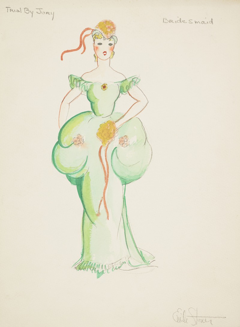 Emile Stoner - Trial by Jury: Bridesmaid. Green gown with puffed waist