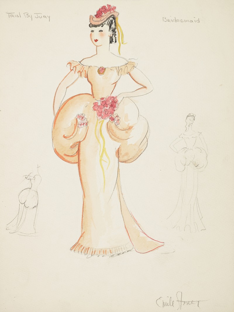 Emile Stoner - Trial by Jury: Bridesmaid. Orange dress with puffed waist. Orange cap with red flowers