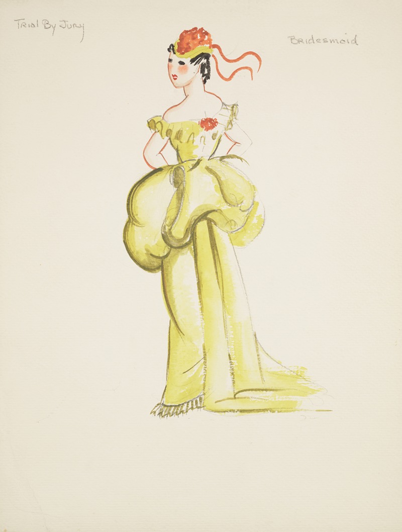 Emile Stoner - Trial by Jury: Bridesmaid. Yellow gown with puffed waist. Yellow hat with red ribbons