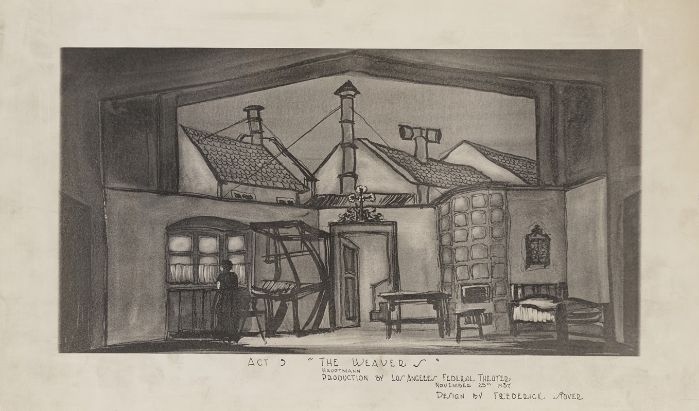 Frederick Stover - The Weavers: Act 5 (Weaving Shop and Domestic Interior against City Rooftops, B+W)