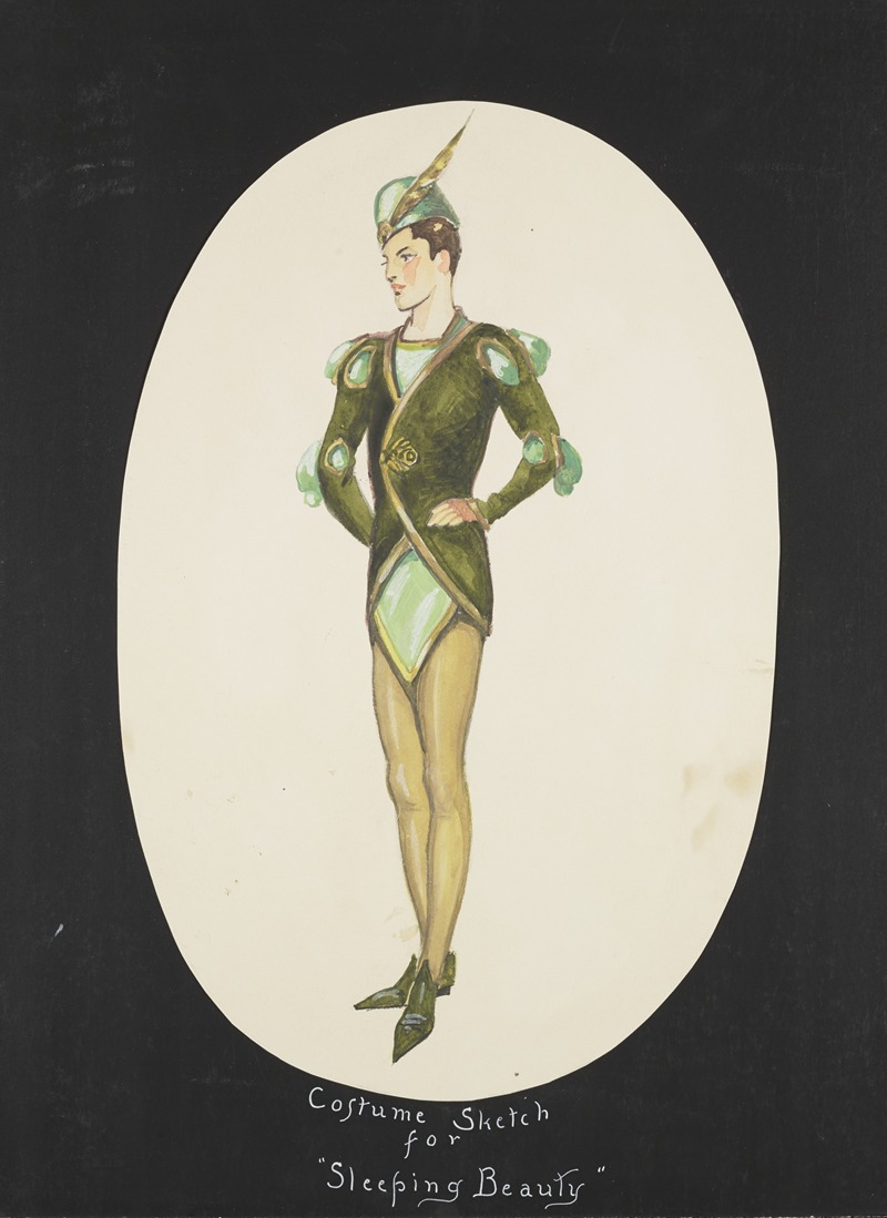 John Glidden - Sleeping Beauty: Green coat over light green tunic, mustard hose, and pointed green slippers