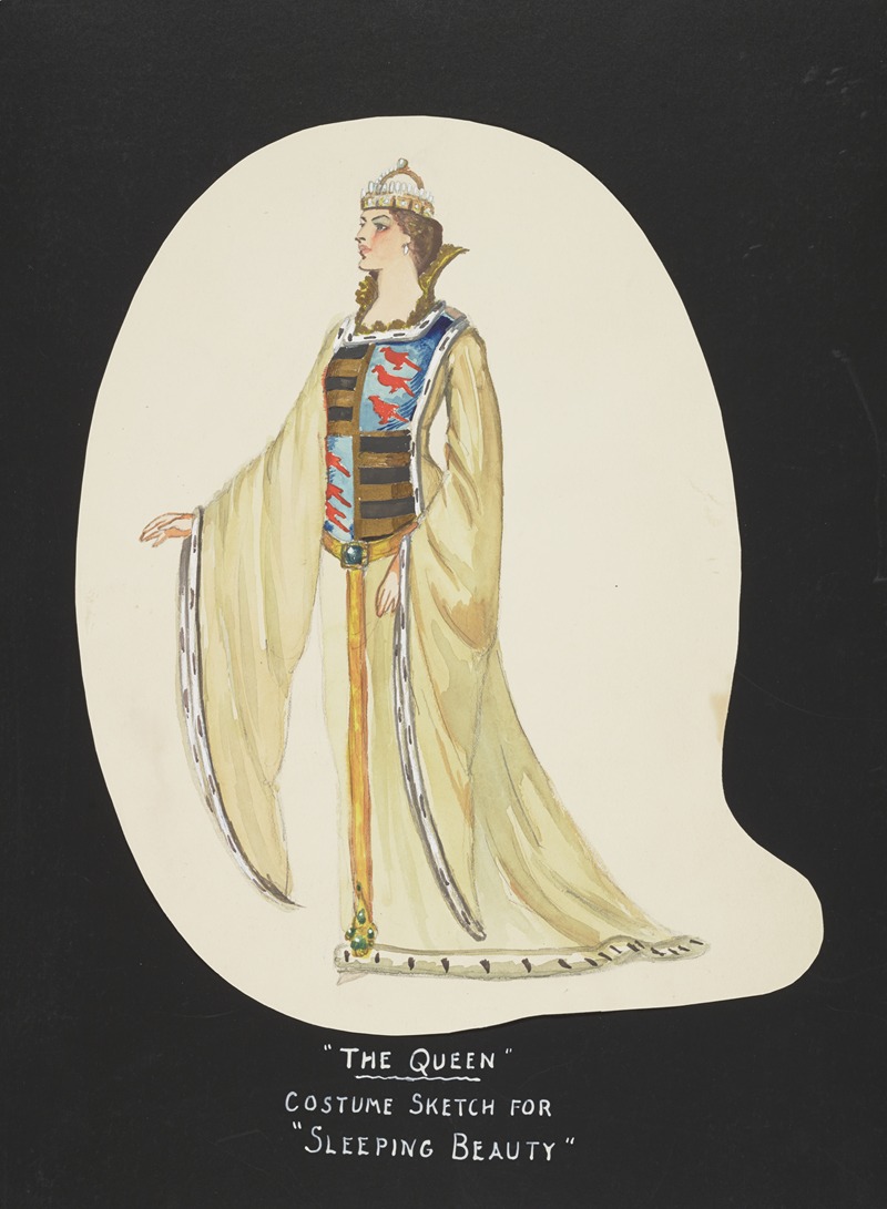 John Glidden - Sleeping Beauty: The Queen. Gold robe with blue and gold coat of arms.Pearl studded gold crown