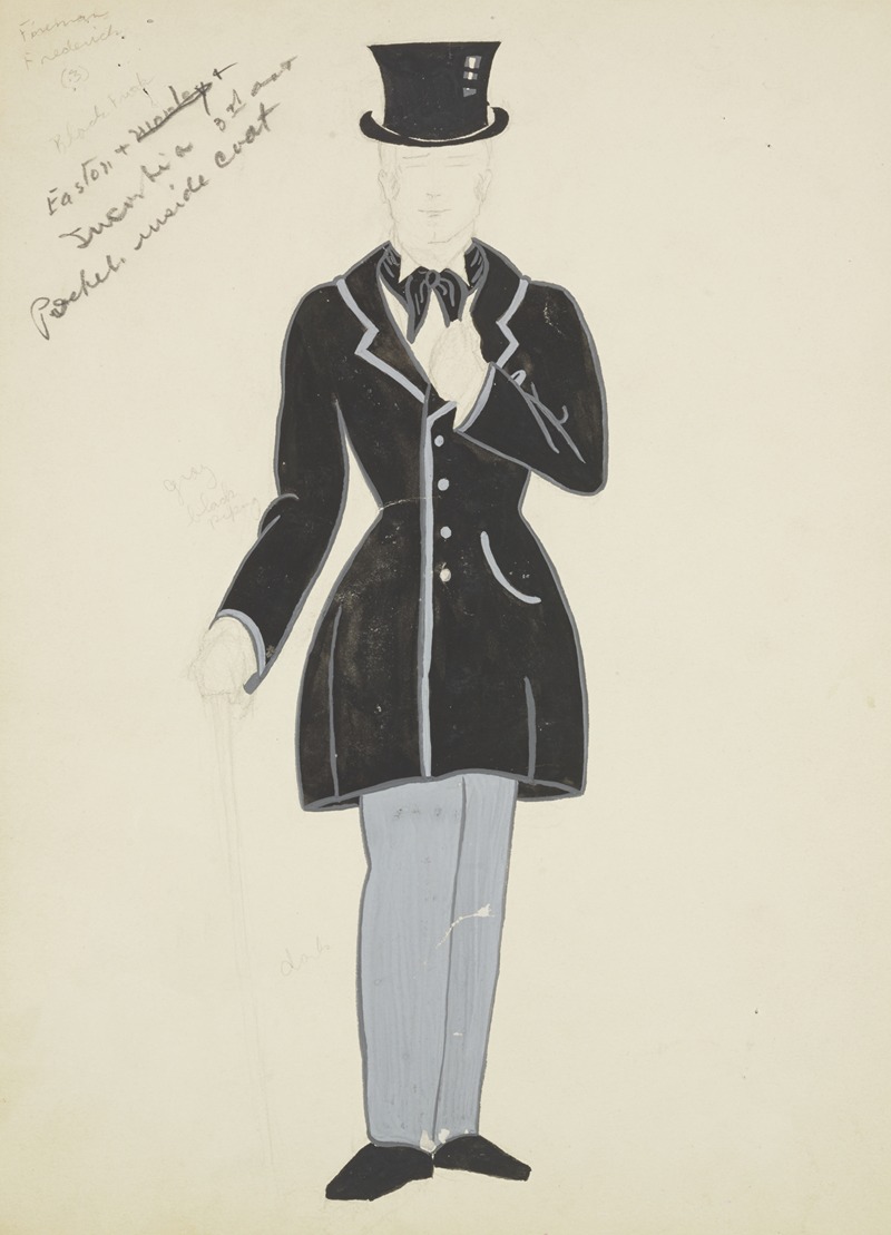 Lucie Gilligan - New York Fireman: Black coat, grey trousers, black cravat, black tophat, and grey cane