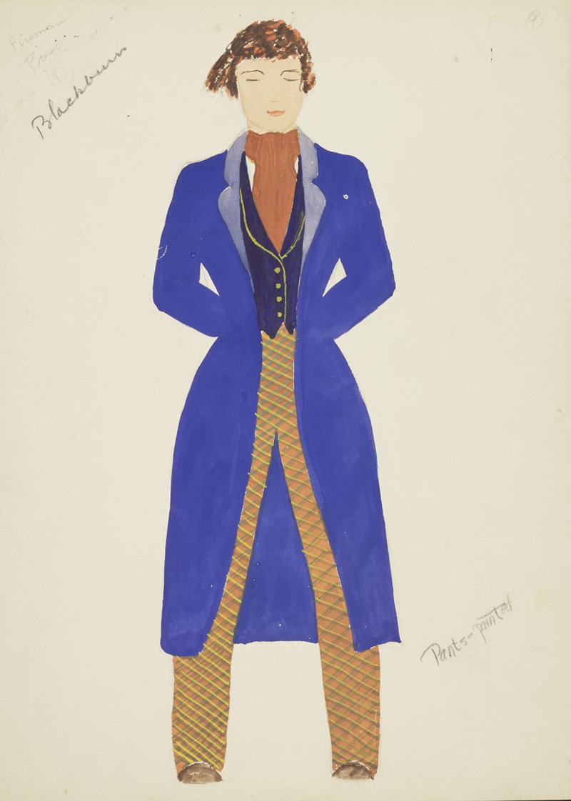 Lucie Gilligan - New York Fireman: Blue coat, purple waistcoat, brown cravat, patterned yellow trousers