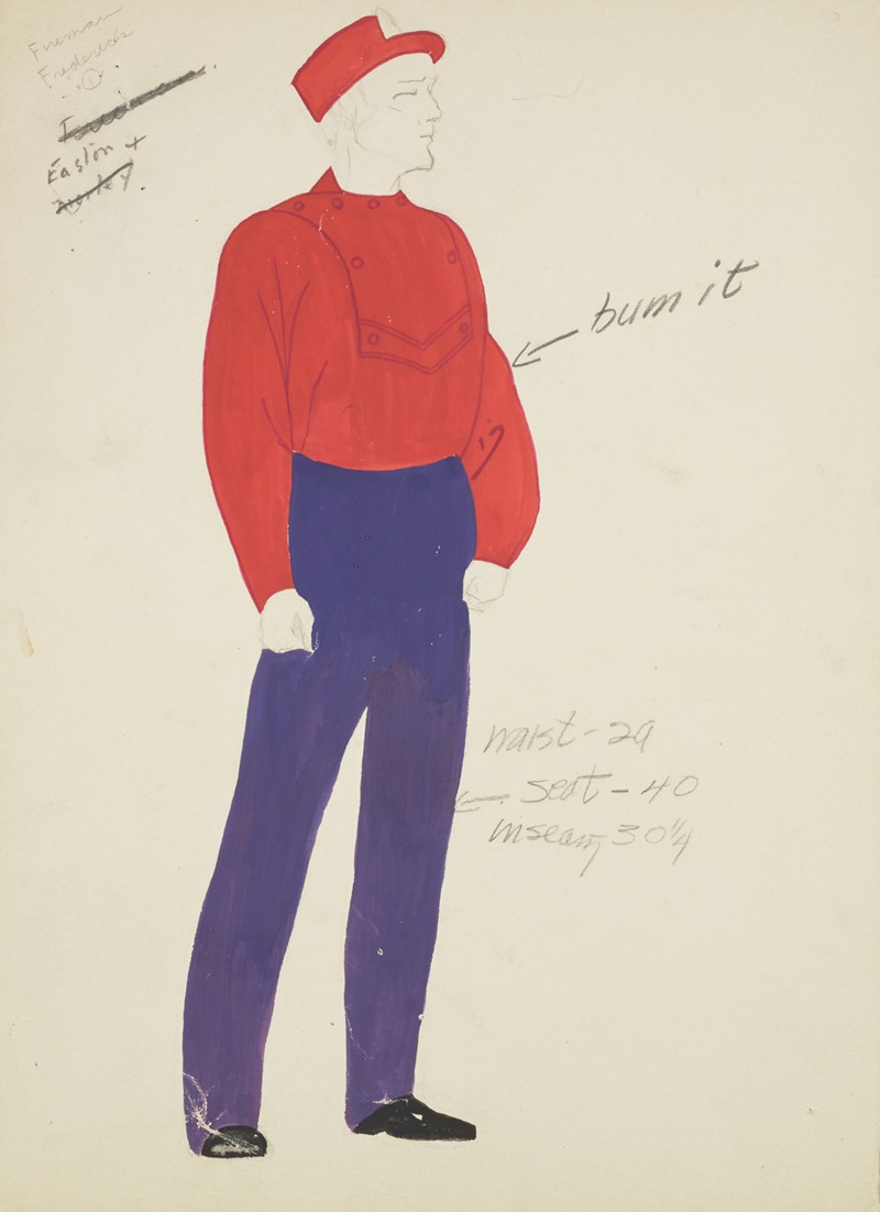 Lucie Gilligan - New York Fireman: Red button shirt, purple trousers and red cap