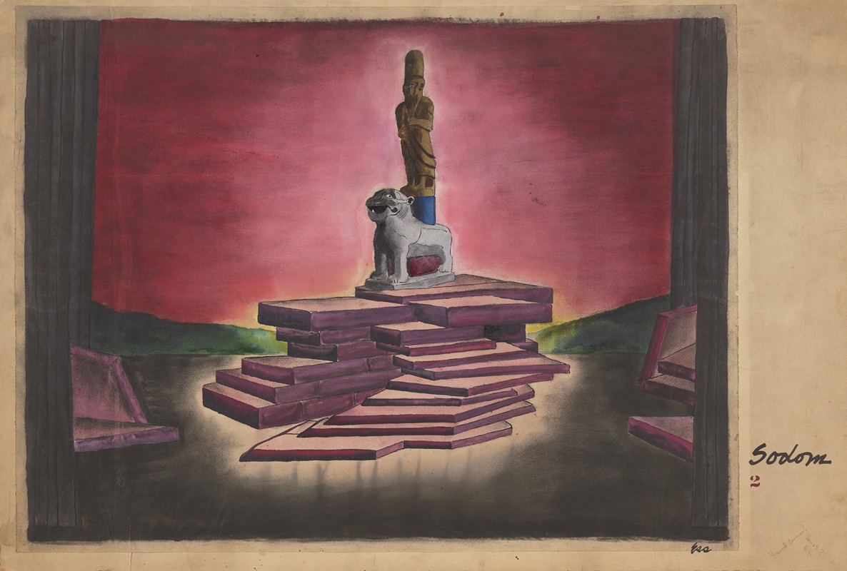 Manuel Essman - Sodom: Statues on a Dais Against Red Sky