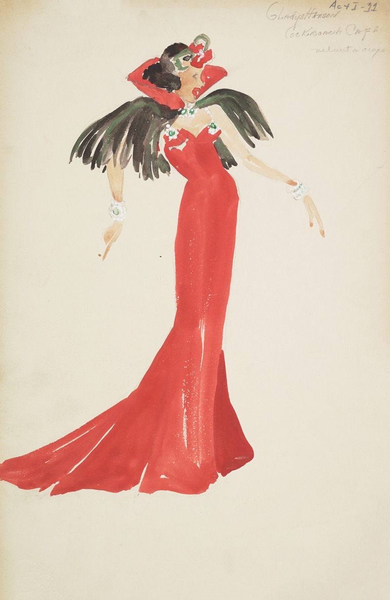 Maxine Borowsky - Swing It: Gladys Hanson. Red gown with high collar and black feathered cape