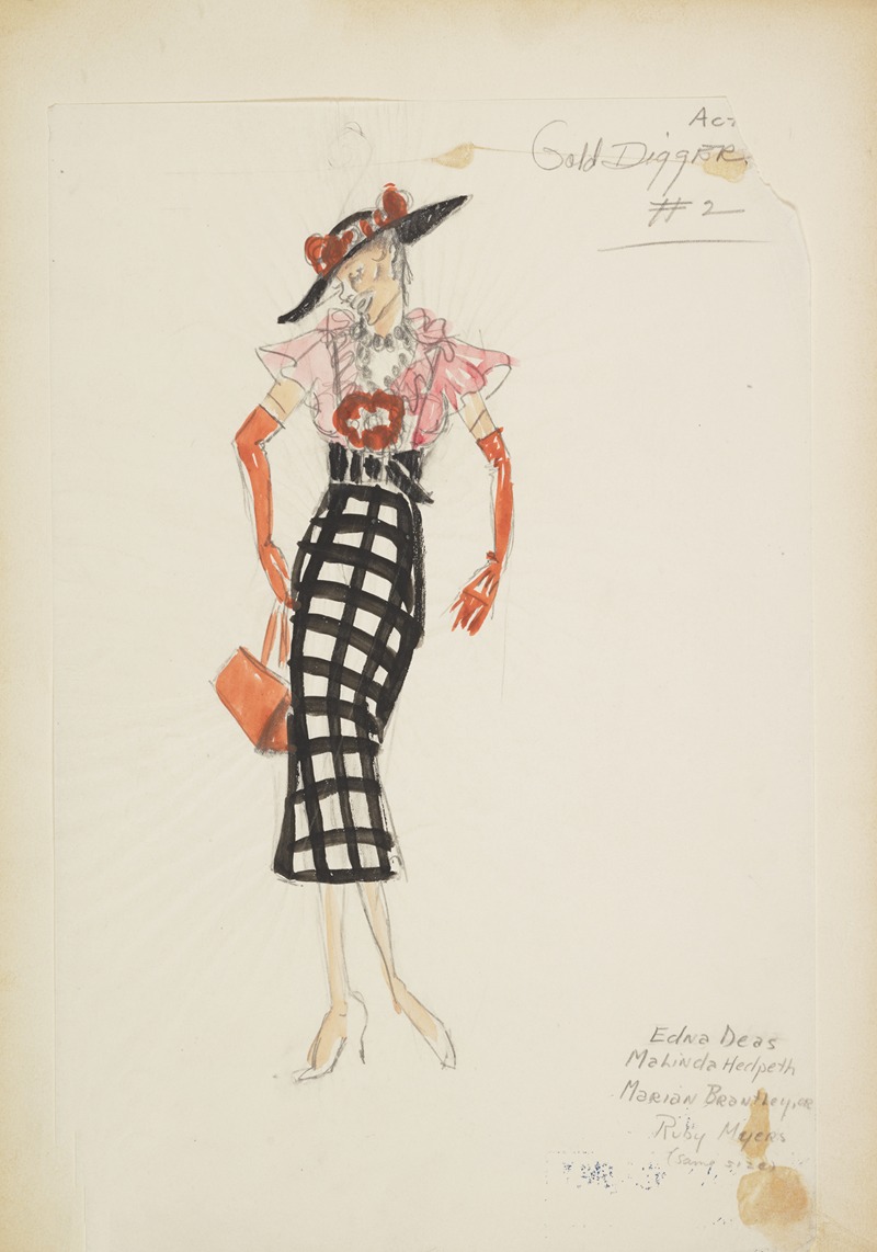 Maxine Borowsky - Swing It: Gold Diggers. Black & white skirt, pink blouse, orange gloves, and black hat