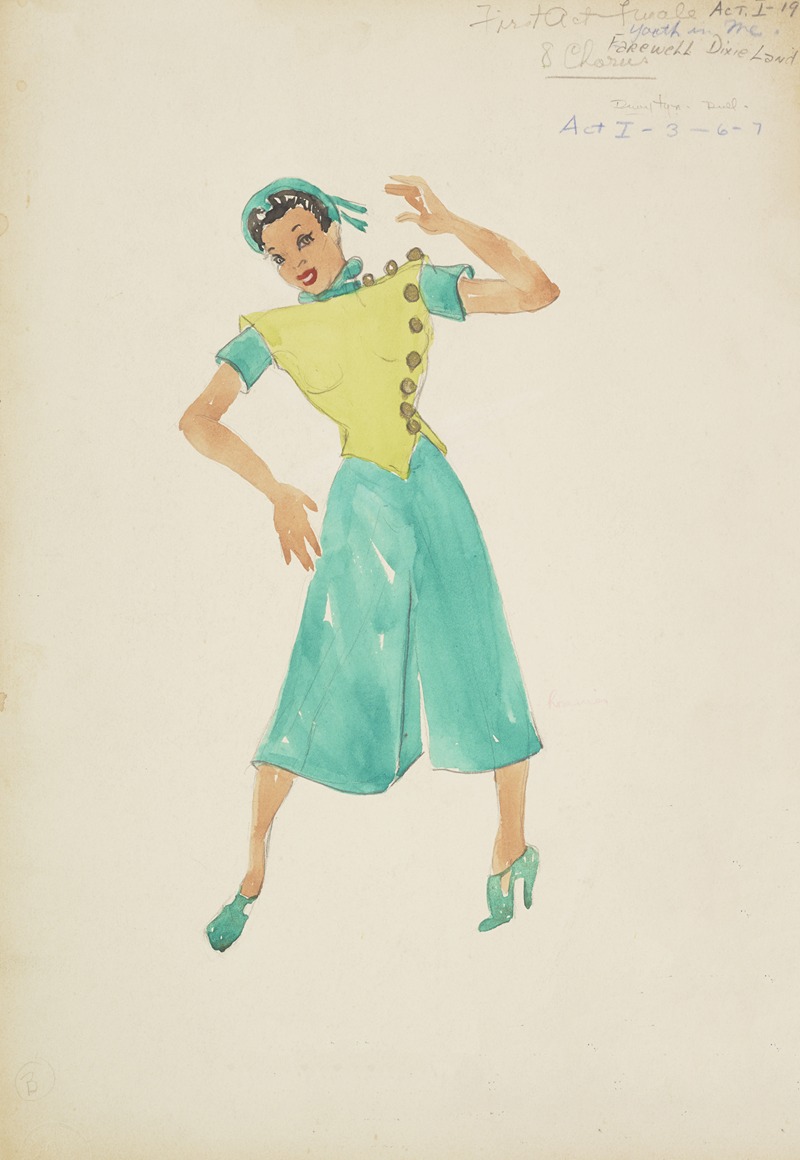 Maxine Borowsky - Swing It: Green bodice with bronze buttons, teal culottes, teal cap, & teal heels