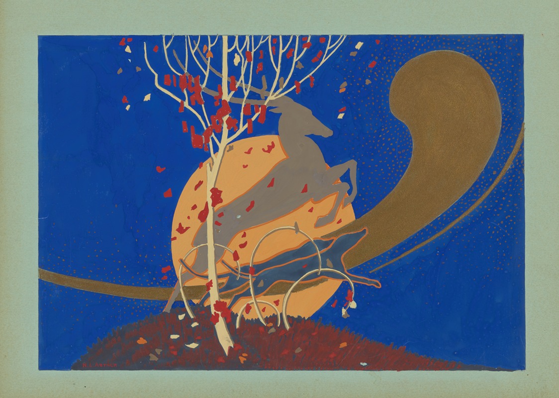 Nels Astner - Horned Animal, Dogs, and Tree against Sky with Moon and Comet