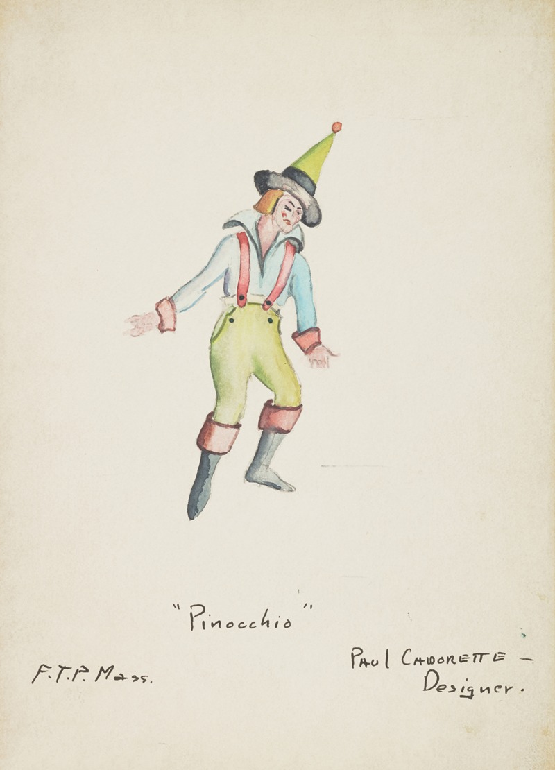 Paul Cadorette - Pinocchio: Blue shirt, green trousers, red suspenders, green conical hat