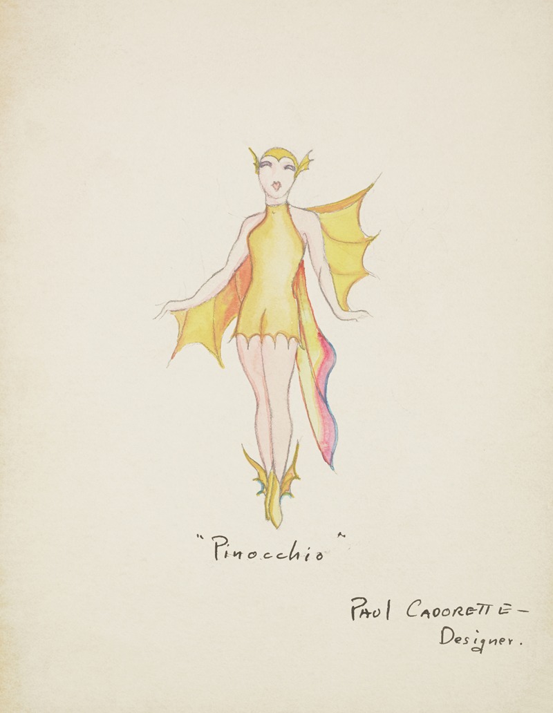 Paul Cadorette - Pinocchio: Short yellow dress with ‘soft flowing silk fins on arms and iridescent silk tail’