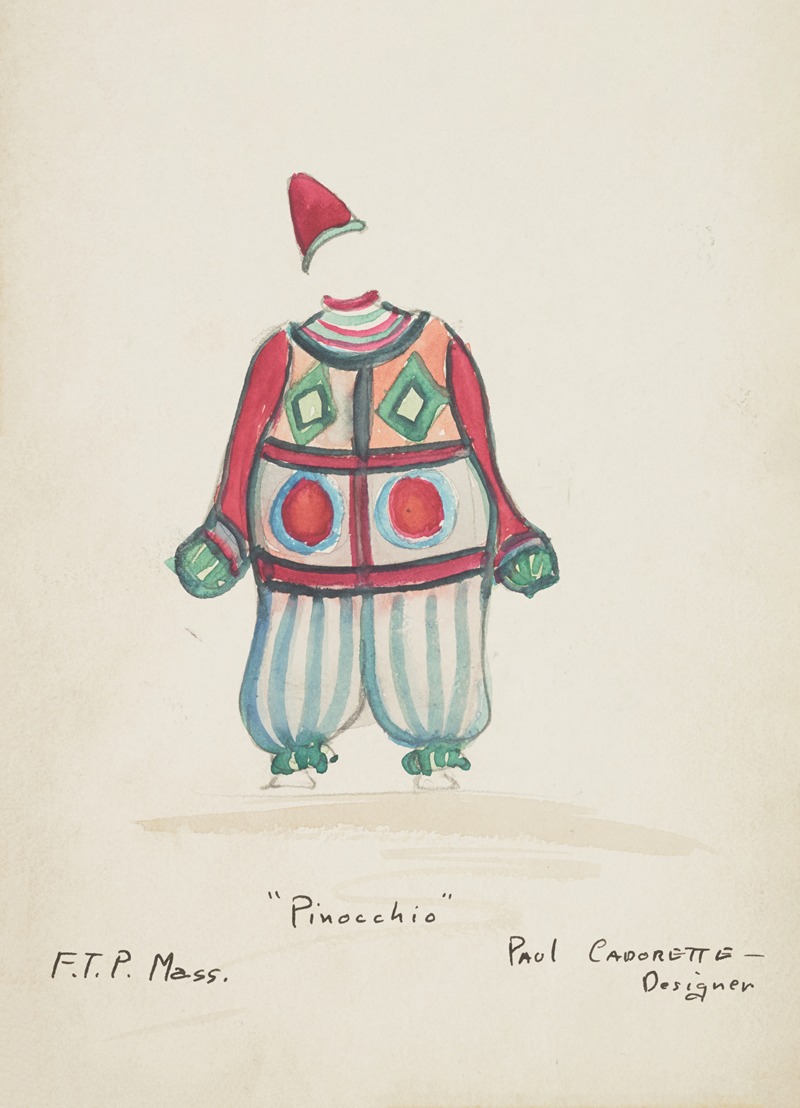 Paul Cadorette - Pinocchio: Striped green and white puffy trousers. Red top with multicolored shapes. Red pointed cap