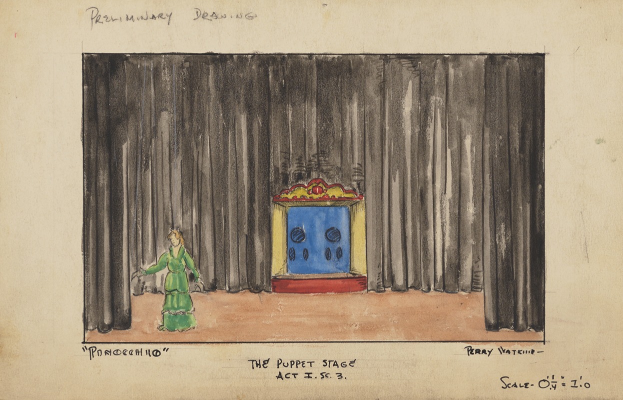 Perry Watkins - Pinocchio: Preliminary Drawing of the Puppet Stage for Act I, Scene 3