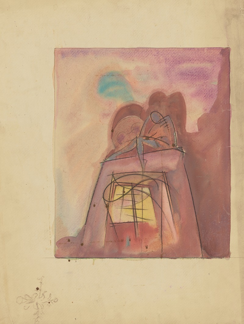 Walter Walden - The Machine Age: Sketch no. 1 (Human Figure Seated on Structure with Window)