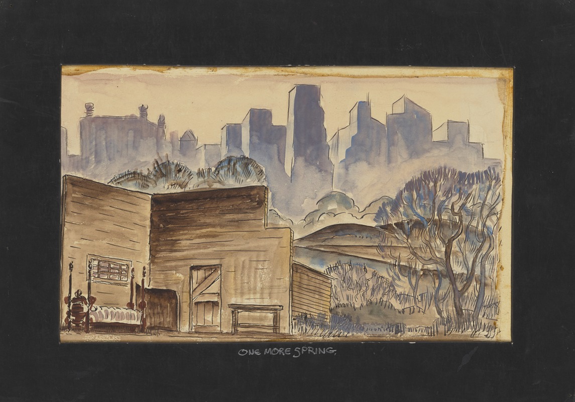 William Perkins - One More Spring: Sketch no. 1 (Rustic Cabin Interior with Field and Skyscrapers in Background)