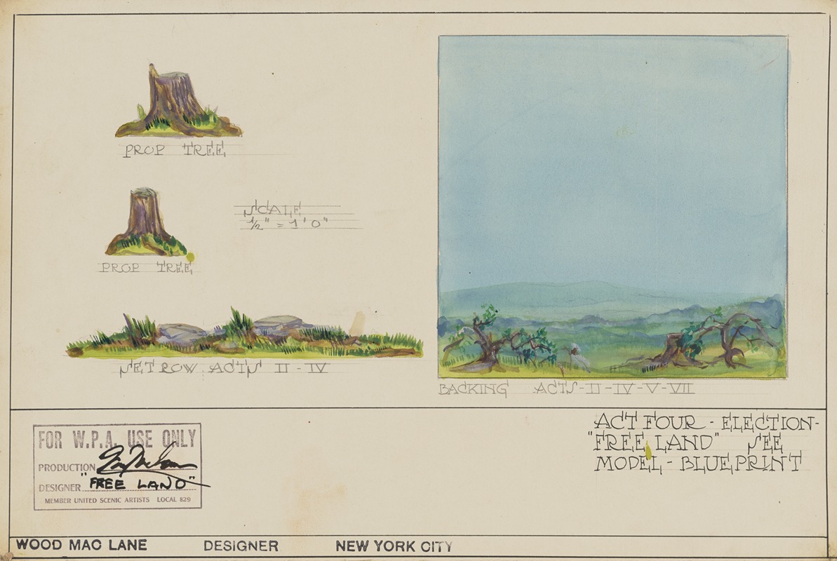 Wood MacLane - Free Land: Sketch no. 1, Prop Trees, Set Row, and Backing Acts II-IV-V-VII