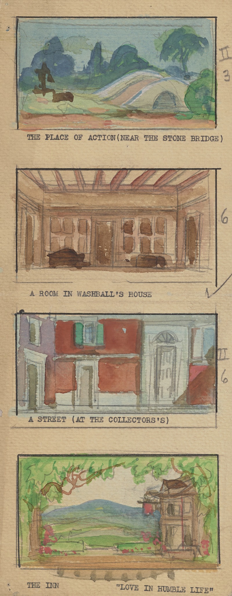 Wood MacLane - The Disappointment: Sketch no. 4, The Place of Action (Near the Stone Bridge), A Room in Washball’s House