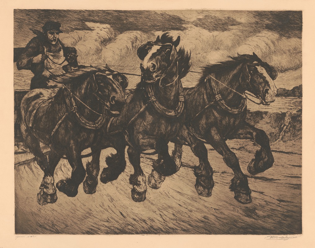 Constant Eugène de Busschere - Trois chevaux au galop