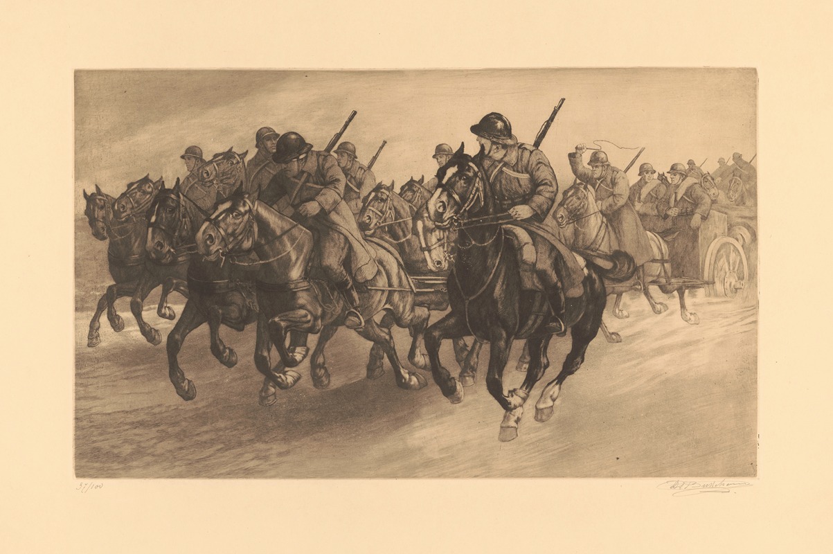 Constant Eugène de Busschere - Prise de position ; Chevaux galopant, montés par des artilleurs, et traînant un canon