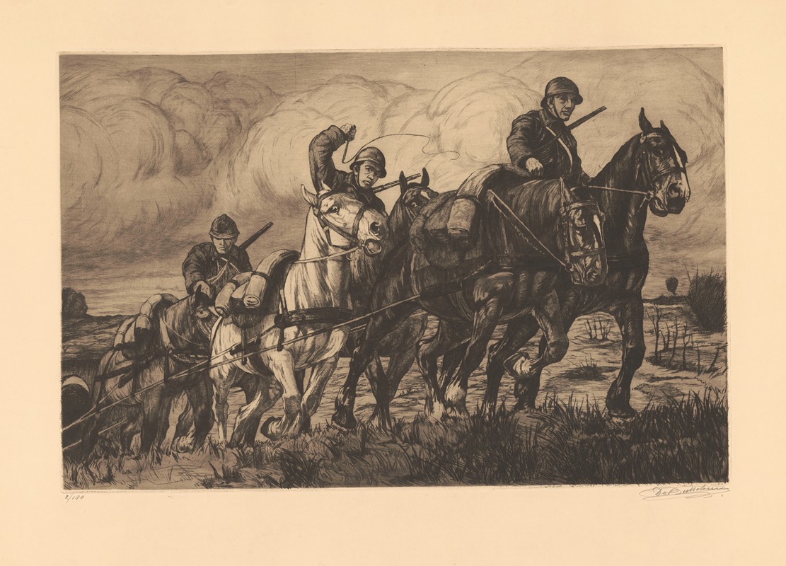 Constant Eugène de Busschere - Trois couples de chevaux attelés en flèche et montés par des artilleurs, gravissant une côte sur un champ de bataille