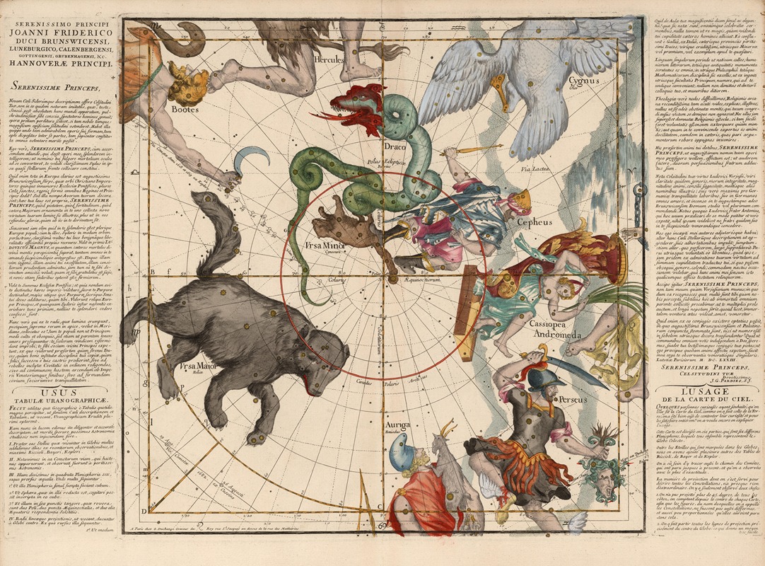 Ignace Gaston Pardies - Plate 1; Ursa Major, Ursa Minor, Perseus, and other constellations.