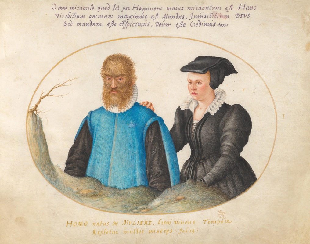 Joris Hoefnagel - Plate 01; Pedro González (Petrus Gonsalvus) and His Wife, Catherine