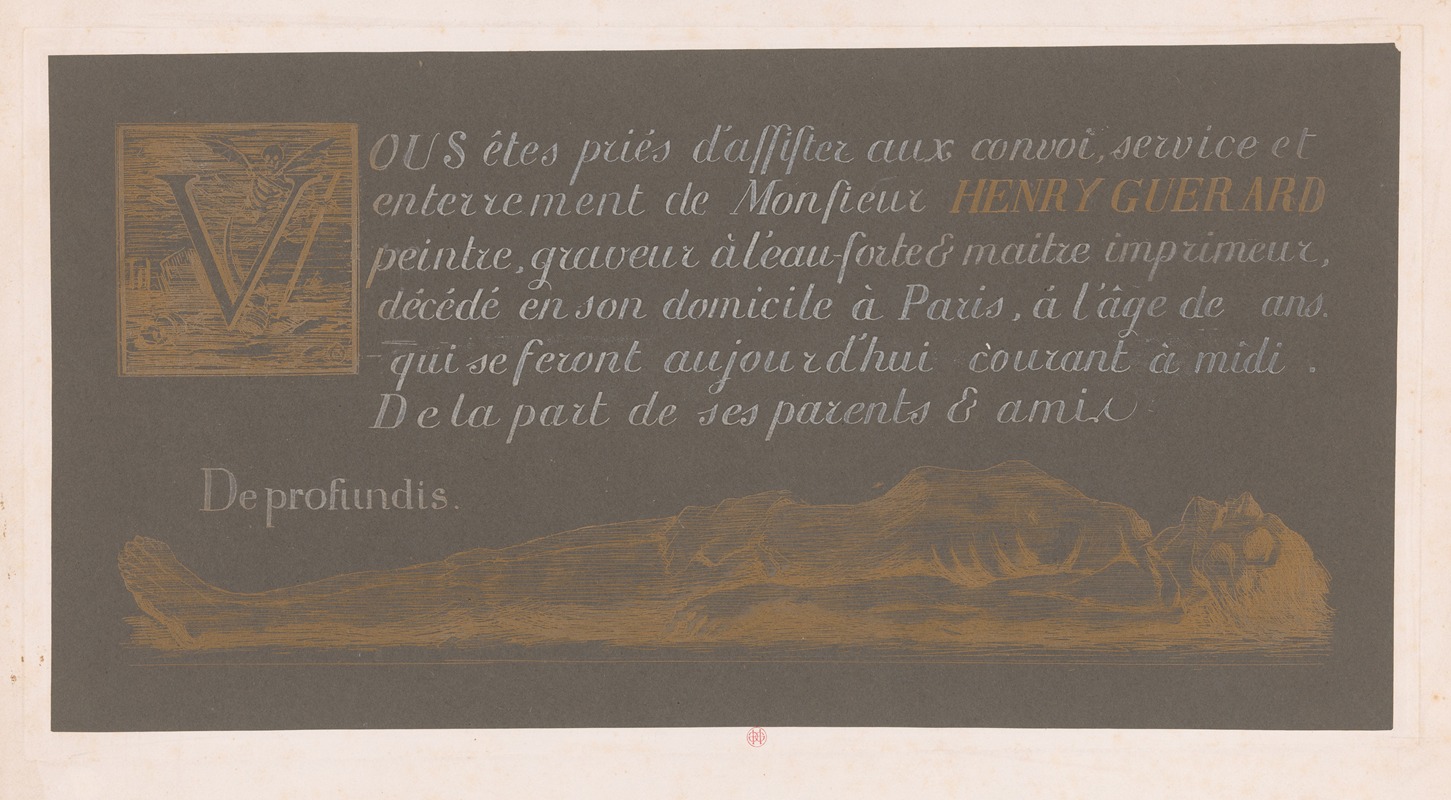 Henri-Charles Guérard - Aankondiging van begrafenis met initiaal met de Dood en eronder een liggend lichaam