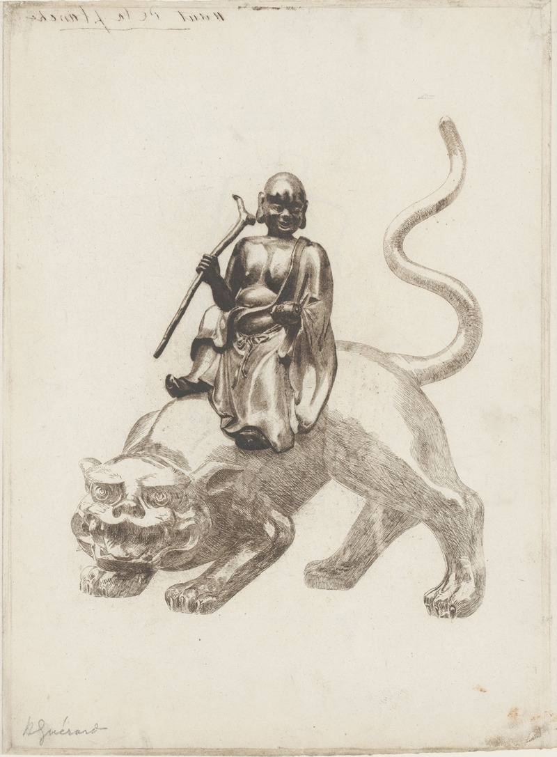 Henri-Charles Guérard - Bronze statue of a Japanese deity (Sennin) on a lion