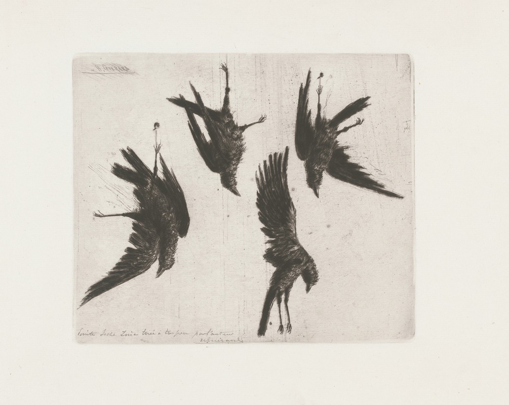 Henri-Charles Guérard - Four dead crows hanging from a wall