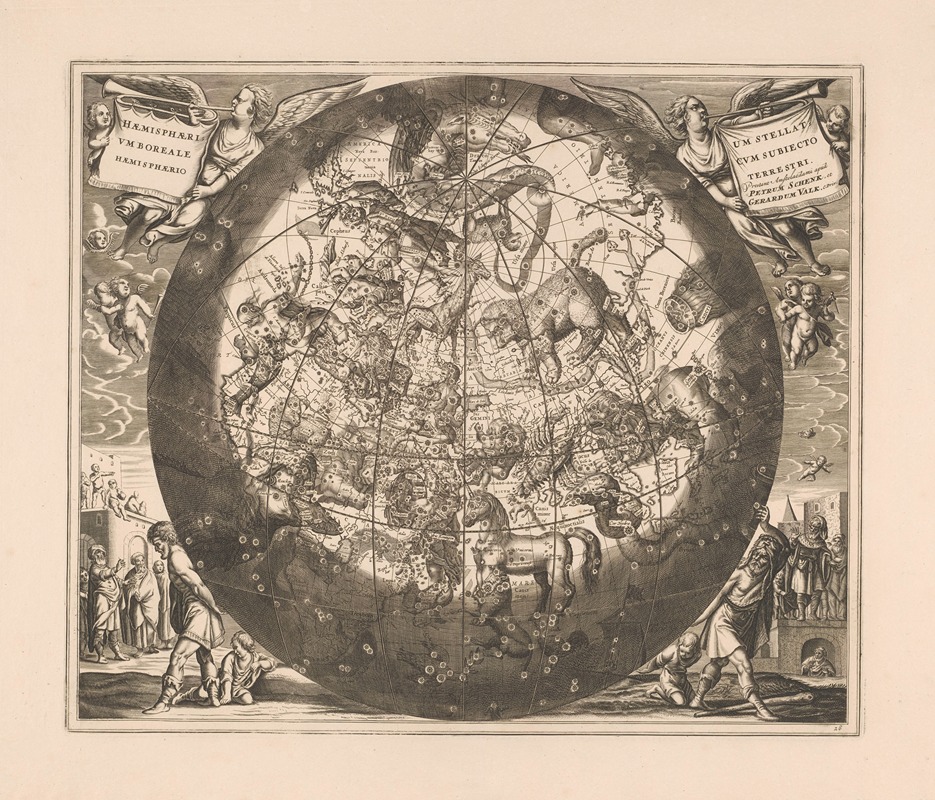 Peter Schenk the Elder - Hemelkaart met de noordelijke sterrenbeelden Haemisphaerium stellatum boreale cum subiecto haemisphaerio terrestri