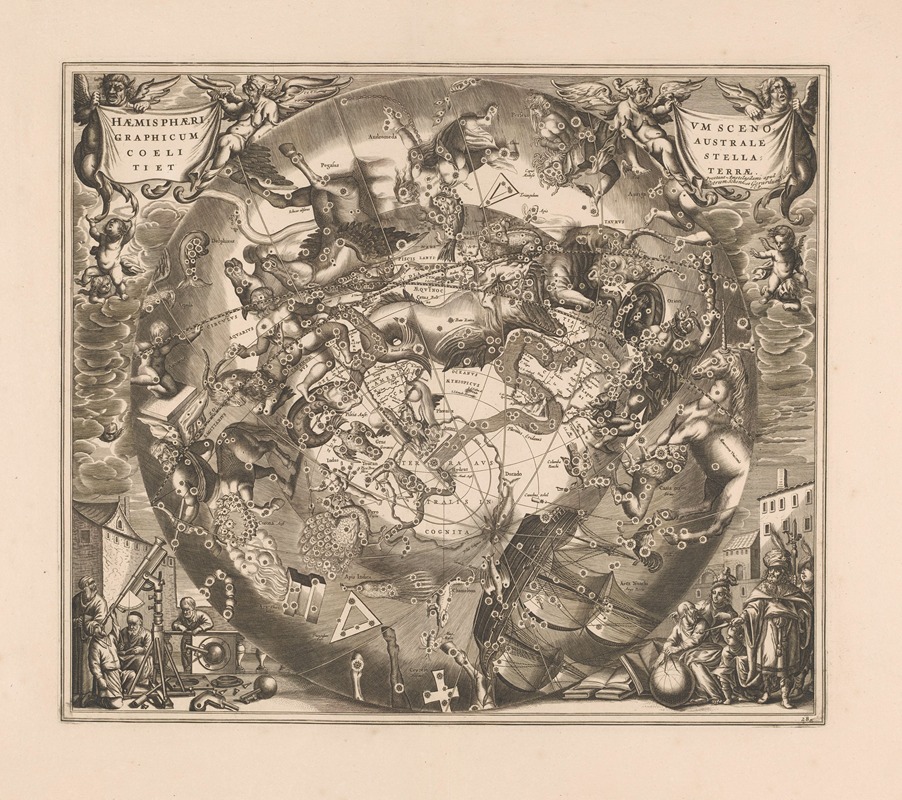 Peter Schenk the Elder - Hemelkaart met de zuidelijke sterrenbeelden Haemisphaerium scenographicum australe coeli stellati et terrae