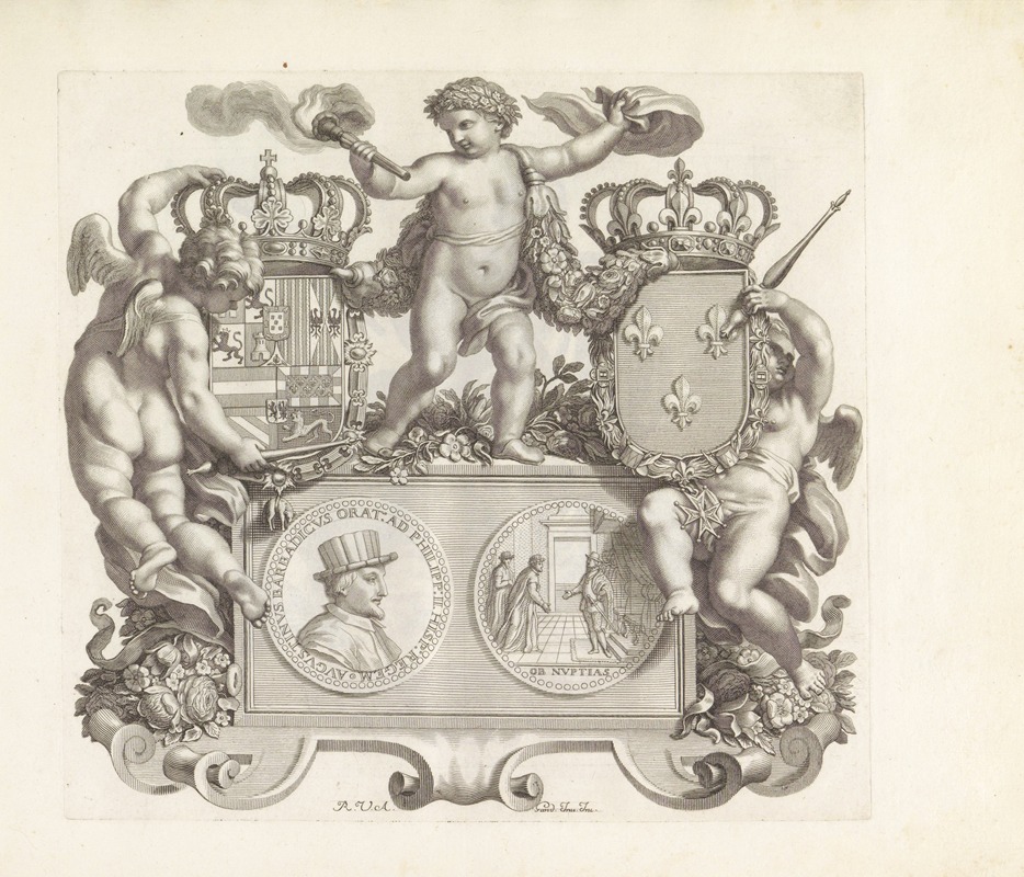 Robert van Audenaerd - Portret van Agostino Barbarigo met putti en twee wapenschilden