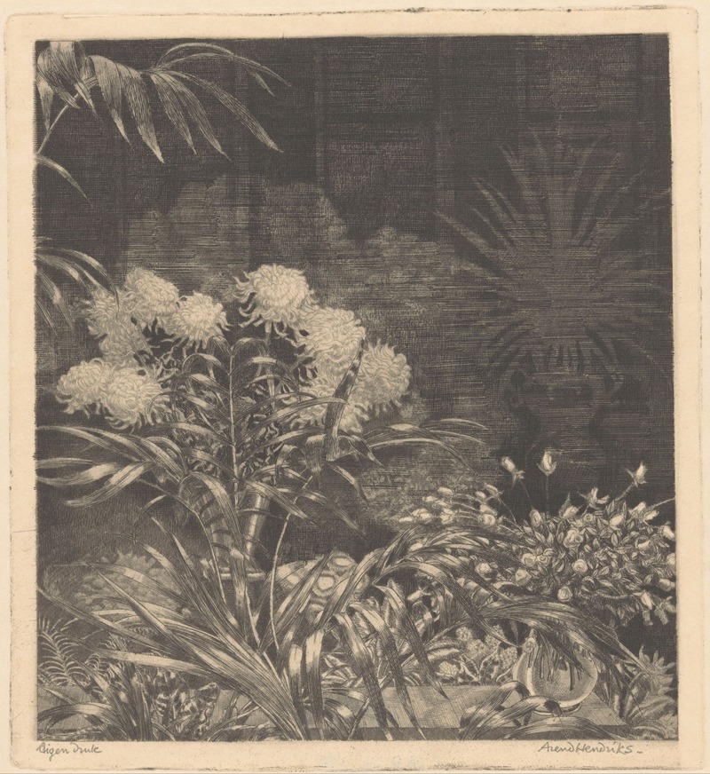 Arend Hendriks - Interieur met bloemen in vazen en planten in potten