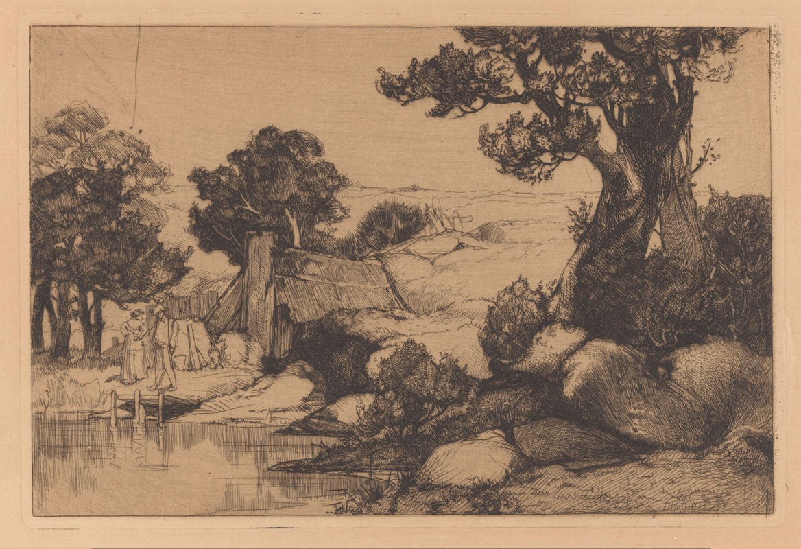 Johannes Josephus Aarts - Landschap met man en vrouw aan oever