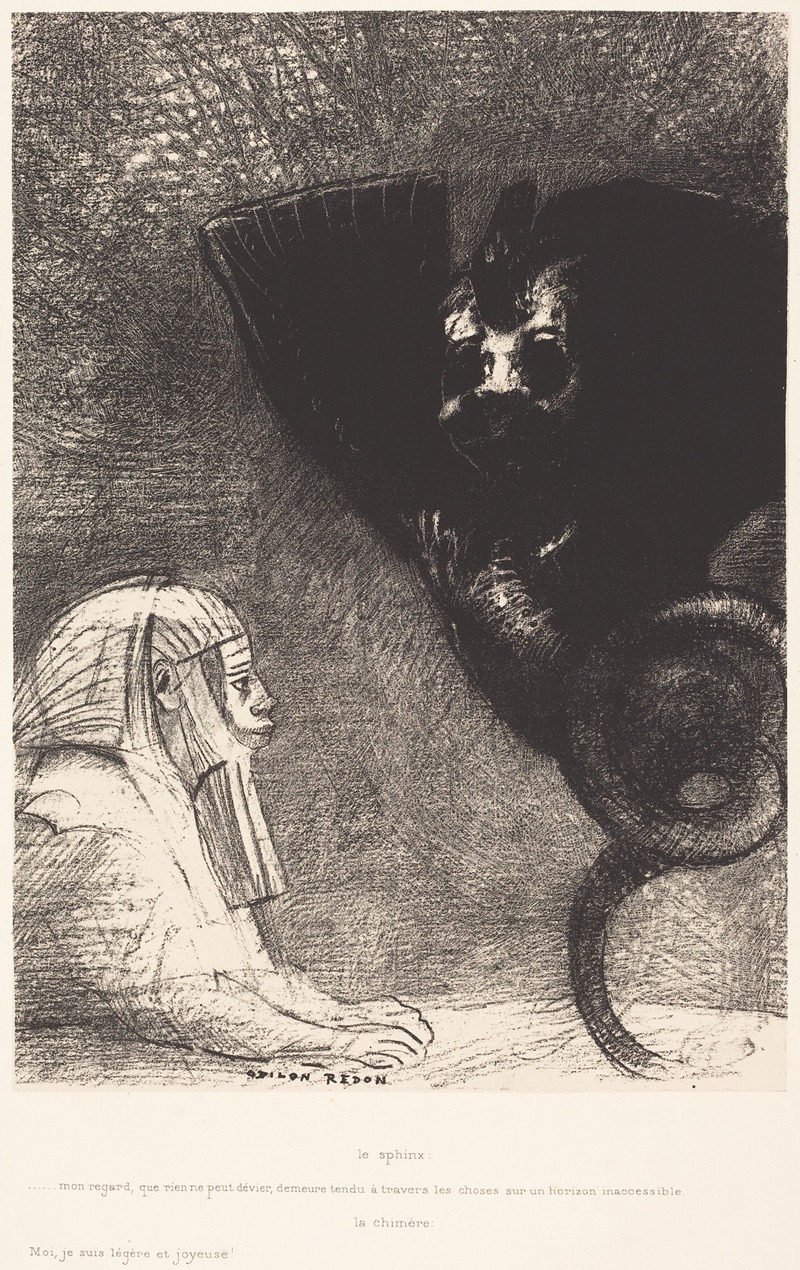 Odilon Redon - Le Sphynx…mon regard que rien ne peut devier, demeure tendu a travers les choses sur un horizon inaccessible. La Chimere; Moi,Je suis legere et joyeuse