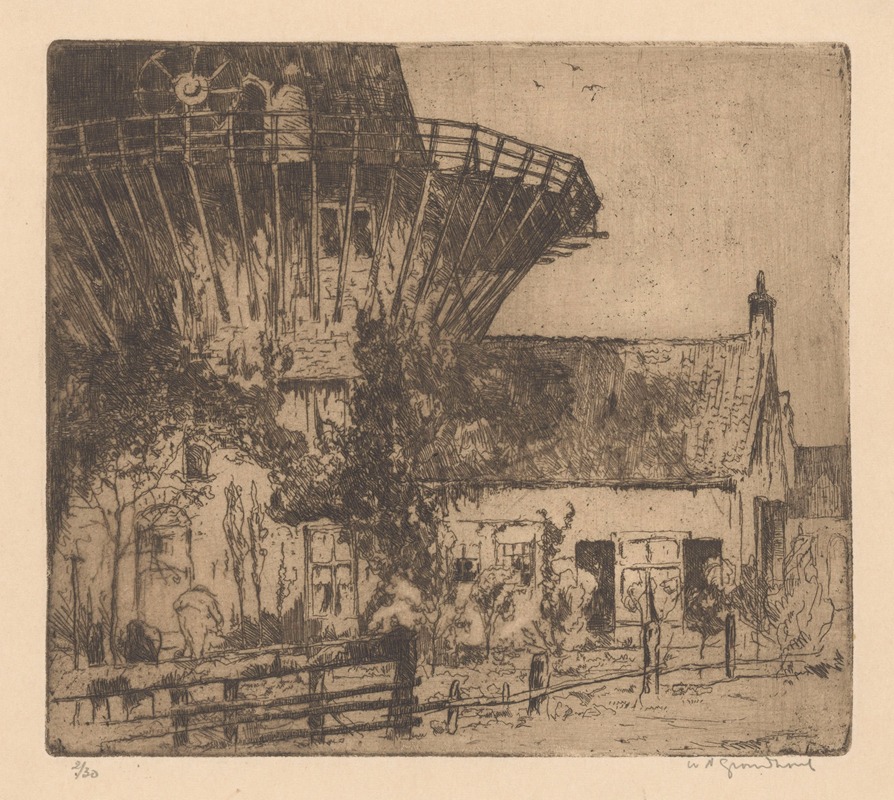 Willem Adrianus Grondhout - Huis aan de voet van een stellingmolen in Leidschendam