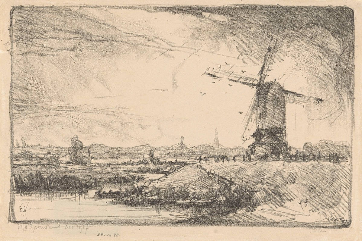 Willem Adrianus Grondhout - Landschap met molen bij Leiden