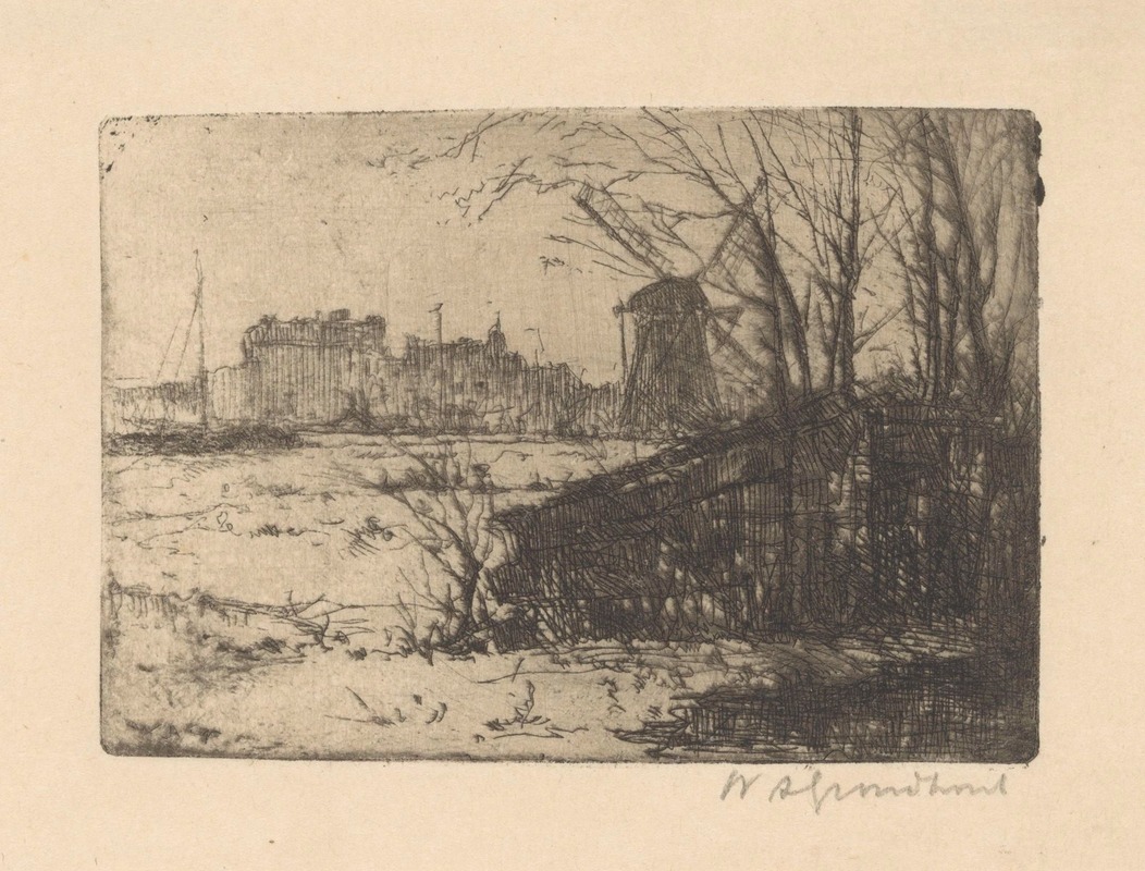 Willem Adrianus Grondhout - Landschap met molen in de Binckhorst in Den Haag