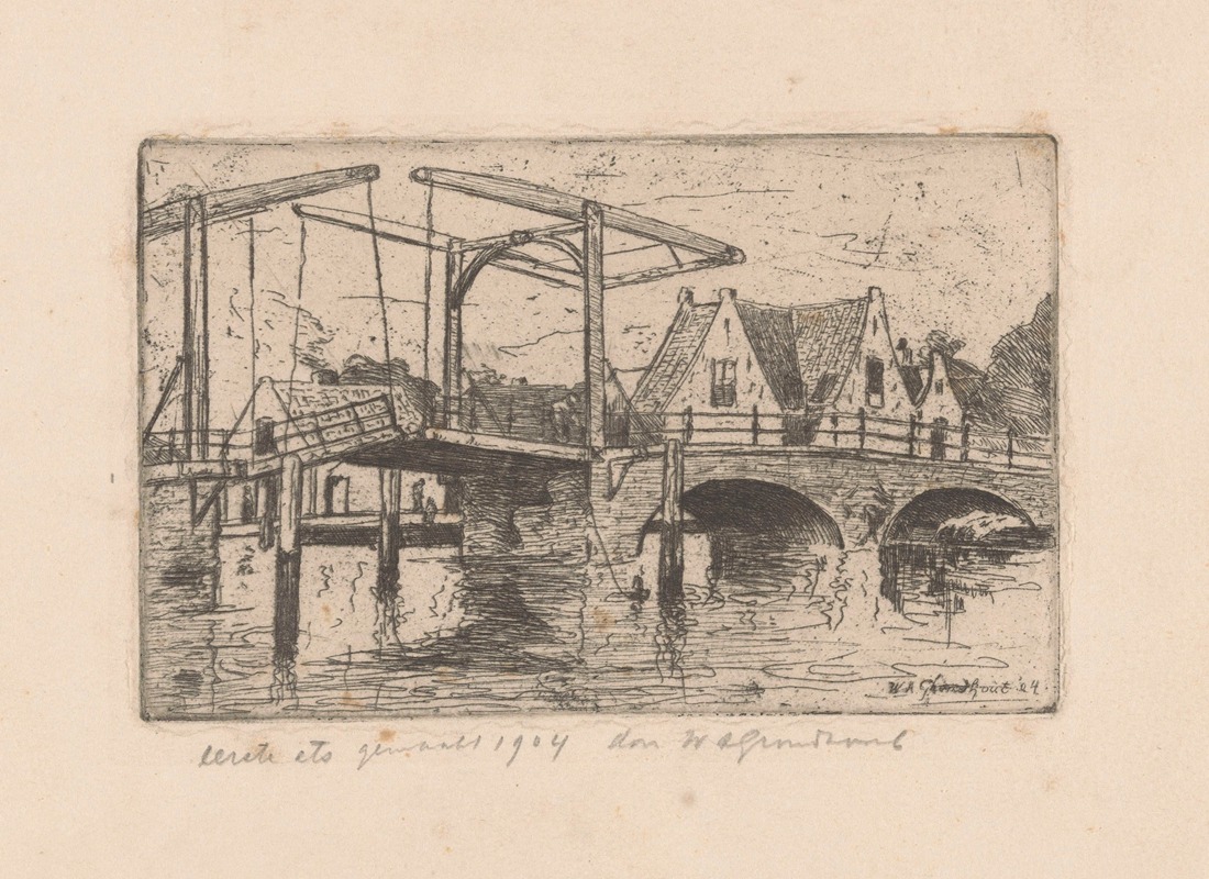 Willem Adrianus Grondhout - Ophaalbrug in een stad