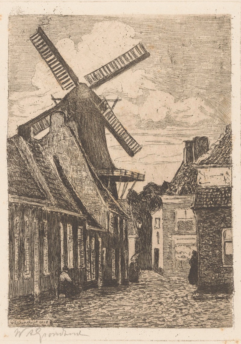 Willem Adrianus Grondhout - Straatgezicht met molen