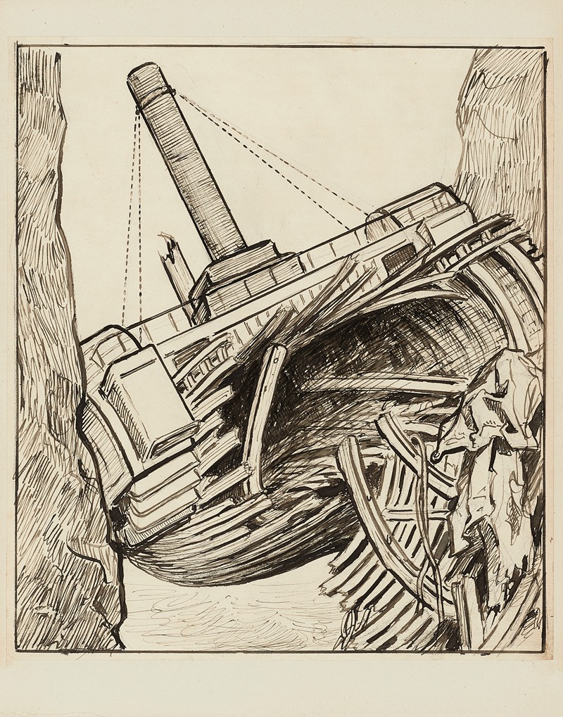 Achille Granchi-Taylor - La Durande entre les rochers Douvres – dessin pour le cul-de-lampe de la table des matières et des gravures