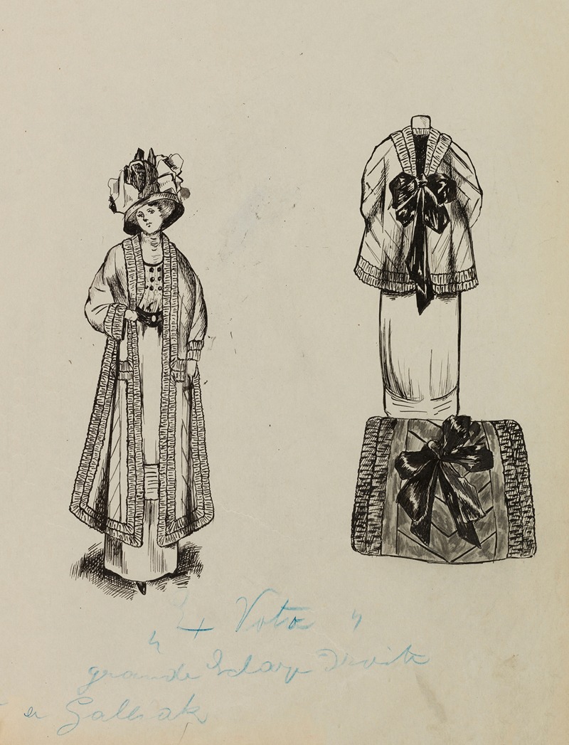 Anonymous - Figure de femme de face portant une veste sur robe longue et un grand chapeau