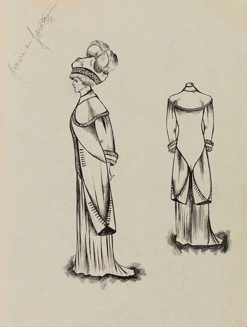 Anonymous - Figure de femme de profil portant un manteau sur robe longue et un grand chapeau